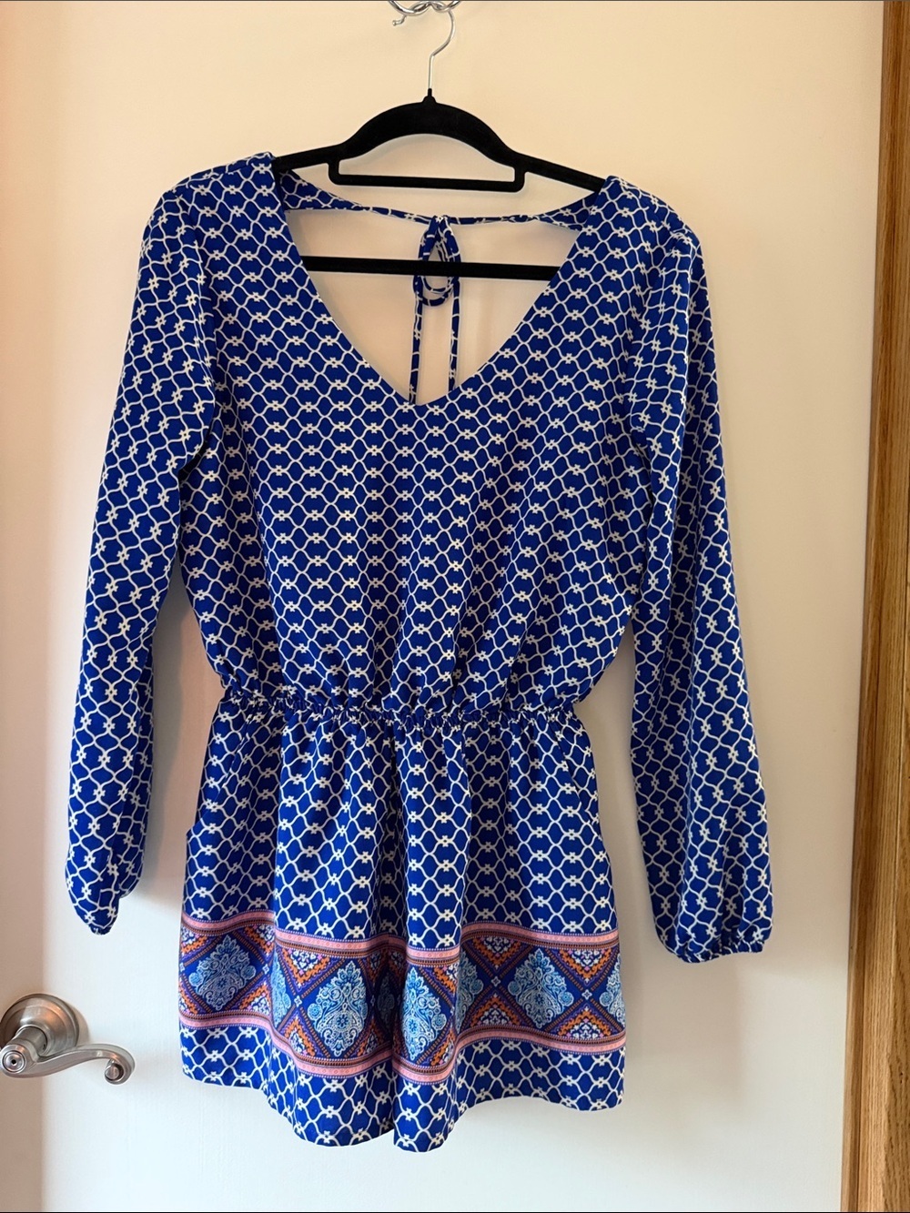 one clothing Royal Blue Printed Long-Sleeve Romper with Border Detail